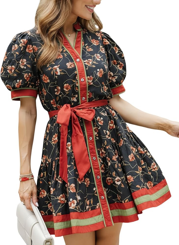 Womens Summer Floral Mini Dress V Neck Short Puff Sleeve Button Down Boho Dresses for Teens Tie W... | Amazon (US)