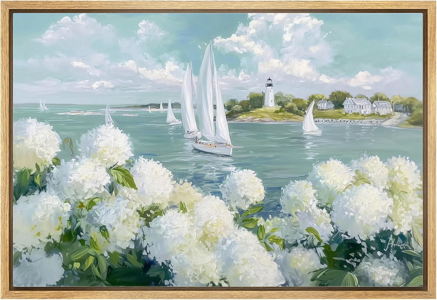 Amazon.com: wall26 Framed Canvas Print Wall Art Coastal Sailboats and Lighthouse Hydrangea Seasid... | Amazon (US)