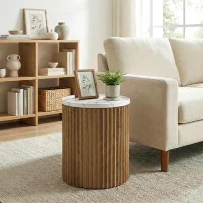 Round Side Table with Faux Marble Tabletop and Fluted Base, Set of 2 | Wayfair North America
