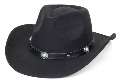 Classic-Roll-Up-Brim-Western-Cowboy-Hat - Wide-Brim Cowgirl-Hat Felt-Fedora for Women Men with Turquoise Belt | Amazon (US)