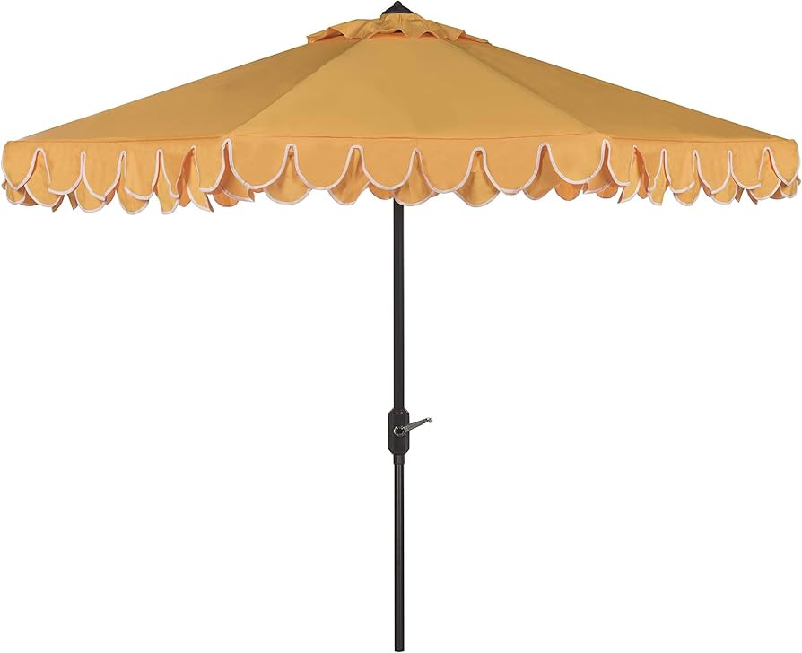 SAFAVIEH 9ft Outdoor Patio Umbrella, Round, Valance, Yellow & White Trim, Auto Crank Tilt, UV Res... | Amazon (US)