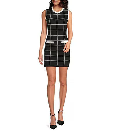French Connection Stretch Knit Checked Print Crew Neck Sleeveless Mini Dress - M | Dillard's