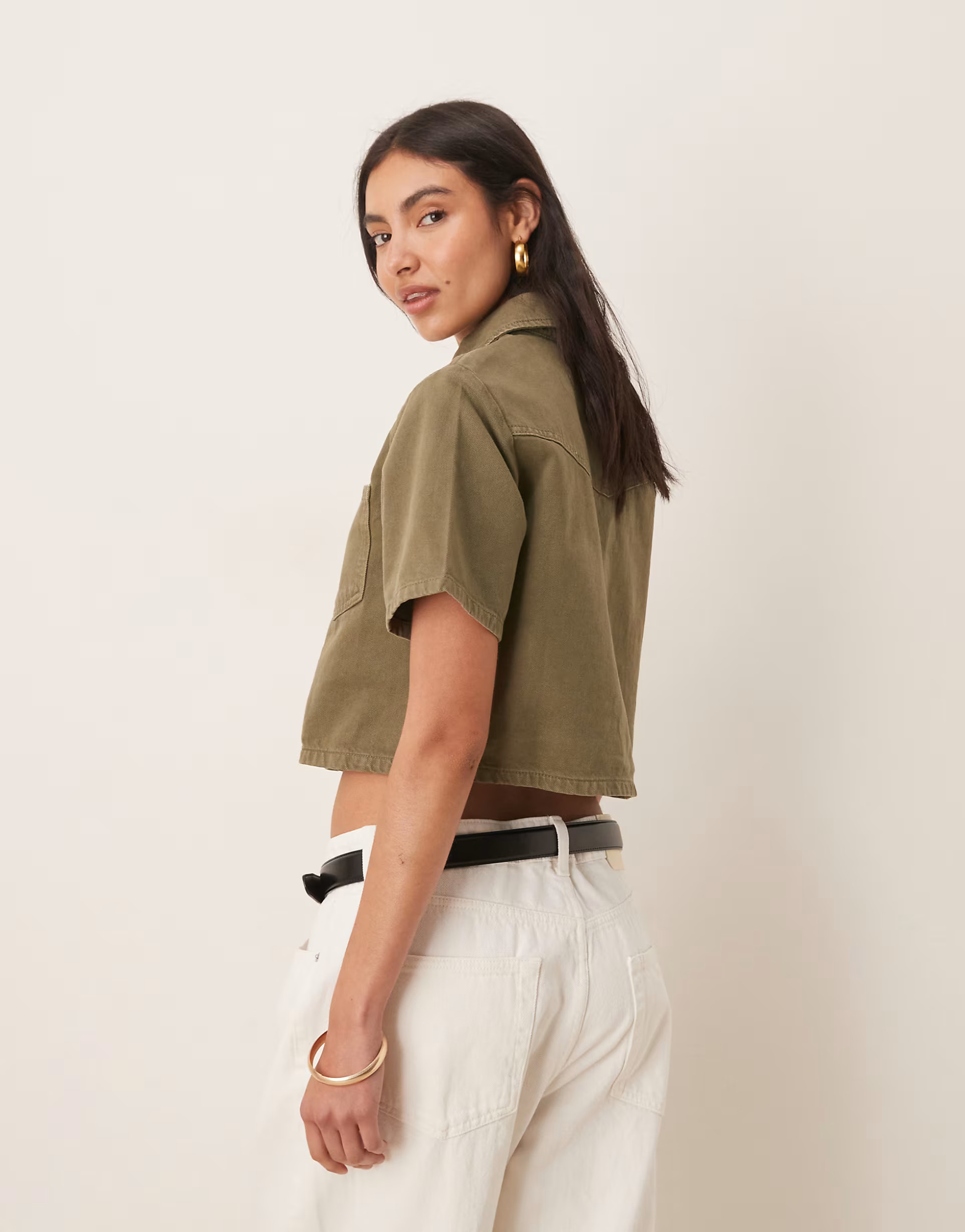 ASOS DESIGN denim crop shirt in khaki | ASOS | ASOS (Global)