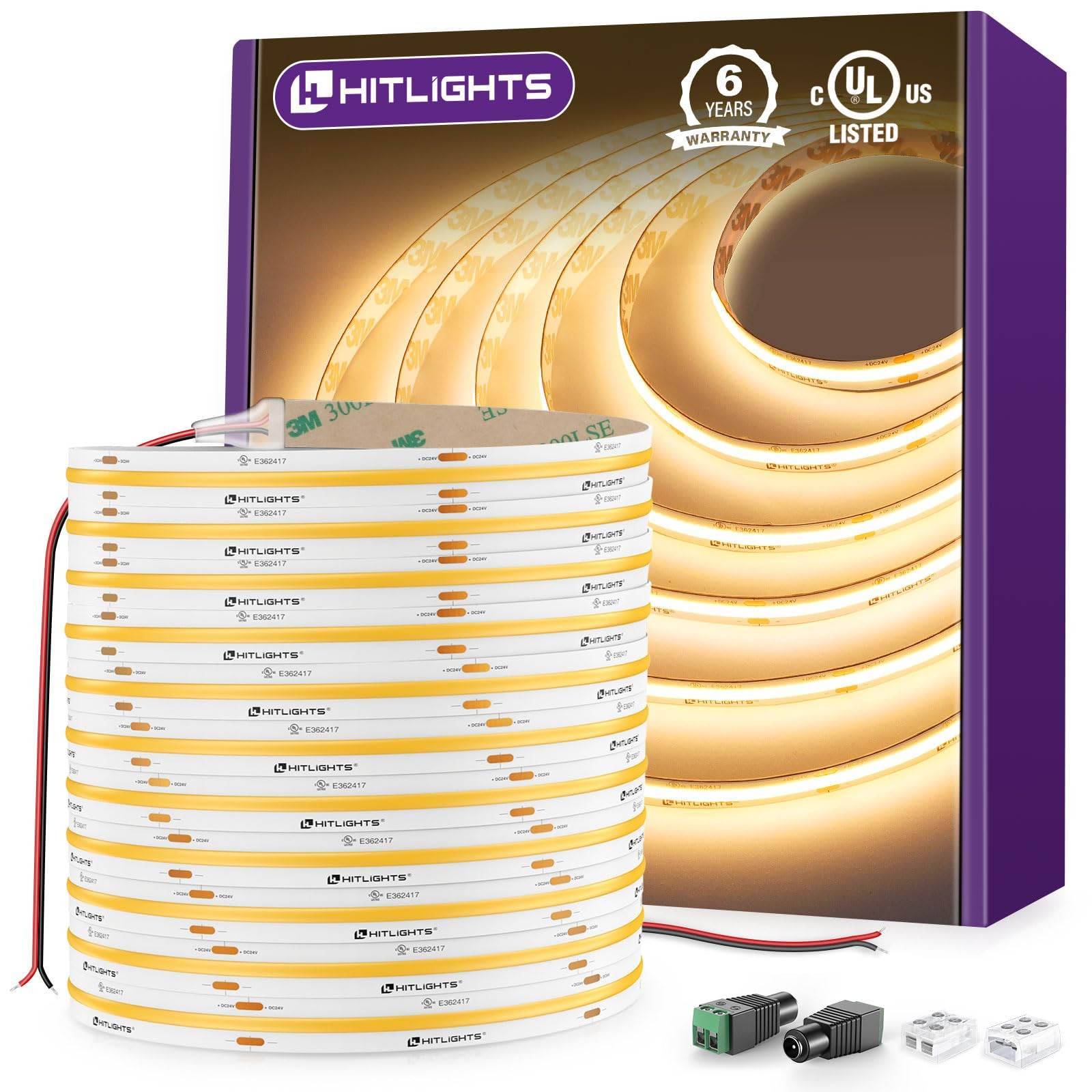 Amazon.com: HitLights COB LED Strip Lights Warm White 3000K, 32.8ft Premium High Density 24V Tape Light, 5120 LEDs, 350+ LM/FT, CRI 90+, IP30, Lighting for Kitchen, Cabinets, UL Listed (Power Source Not Included) : Tools & Home Improvement | Amazon (US)