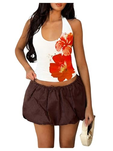 Milumia Women's Sexy Floral Halter Top Backless Ruched Crop Tank Top Going Out White Medium | Amazon (US)