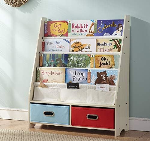 SEIRIONE Kids Book Rack, 4 Sling Bookshelf, 2 Storage Boxes and Toys Organizer Shelves, Beige | Amazon (US)