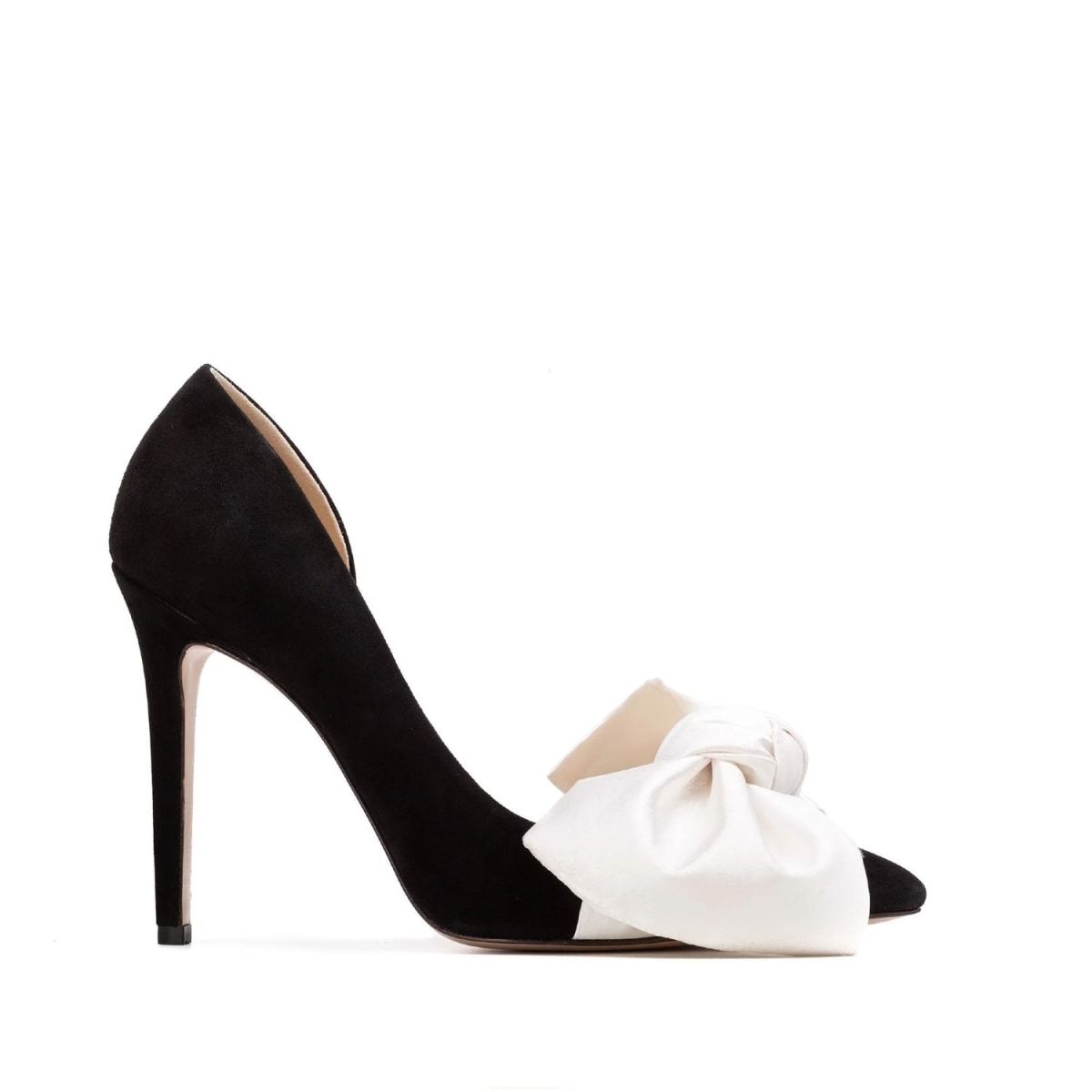 Samantha Black Suede And Oversized White Satin Bow Open Sided Stiletto | Wolf & Badger (US)