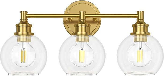 Bathroom Light Fixtures, 3-Light Brushed Gold Vanity Light Globe Glass Shades, Bathroom Lighting ... | Amazon (US)