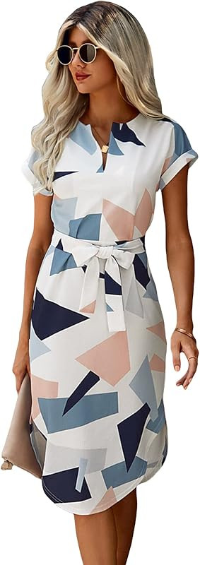 Cozyease Women's Geo Print Notched Neck Belted Dress Batwing Sleeve Midi Tunic Dress | Amazon (US)