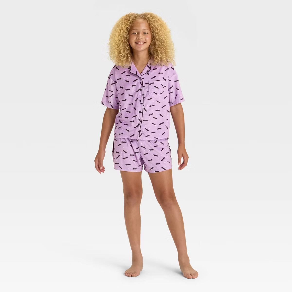 Girls' Halloween Bats Short Sleeve Button-Down Pajama Set - art class™ Purple | Target