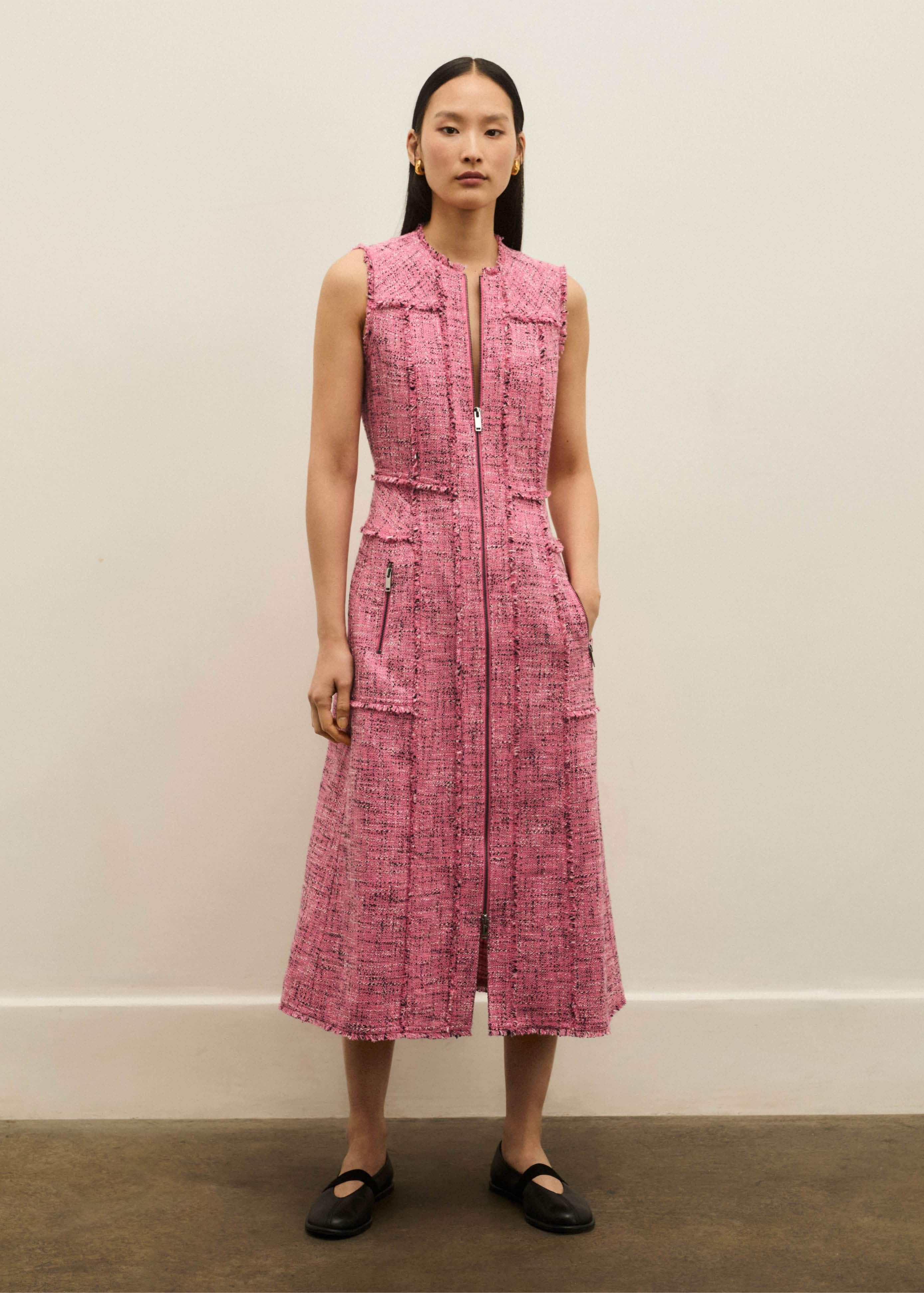 Women's Pink Tweed Zip Front Midi Dress | ME+EM | ME+EM Global (Excluding US)