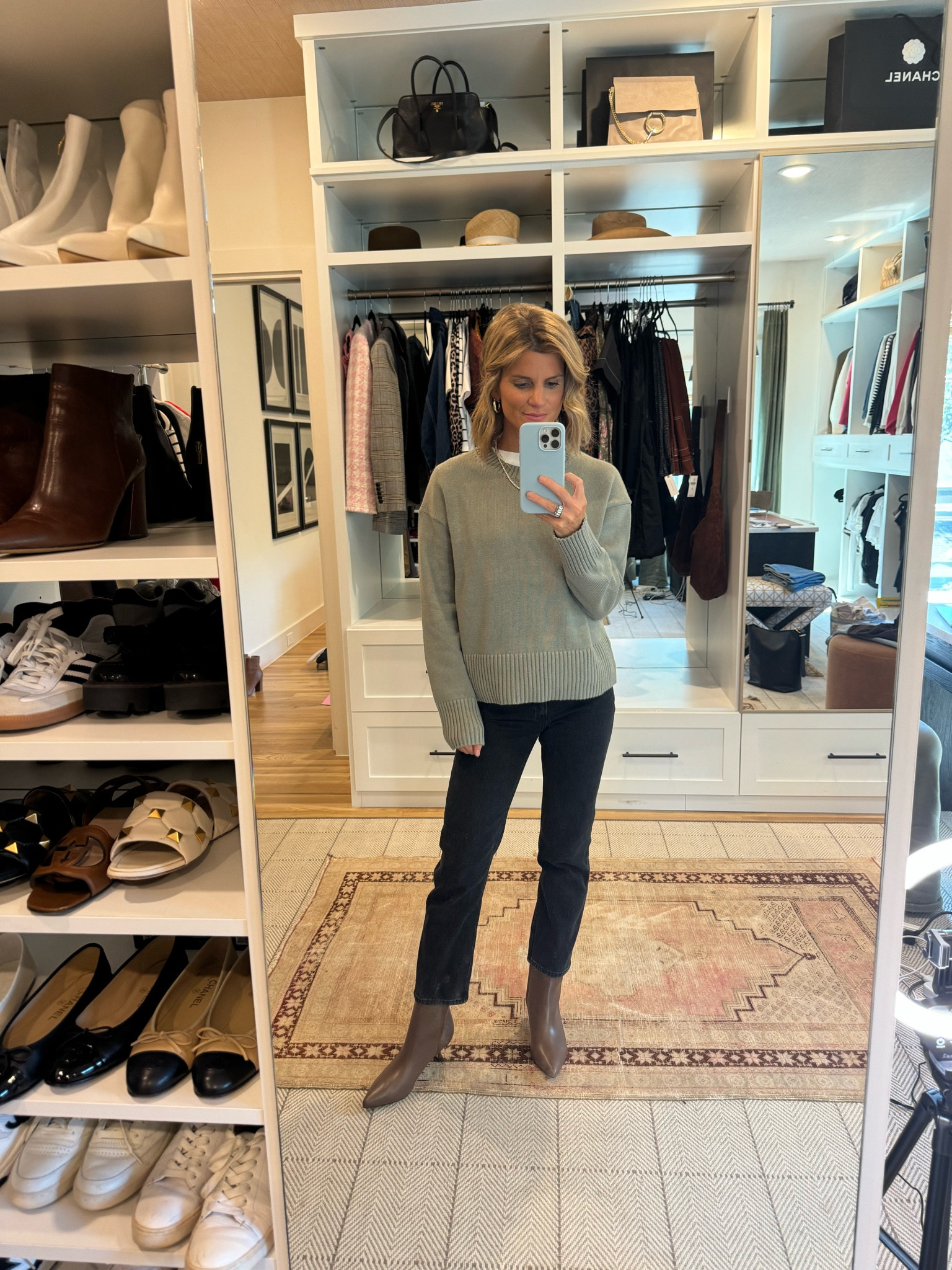 Wearing XS in sweater and tee, short length in pants 