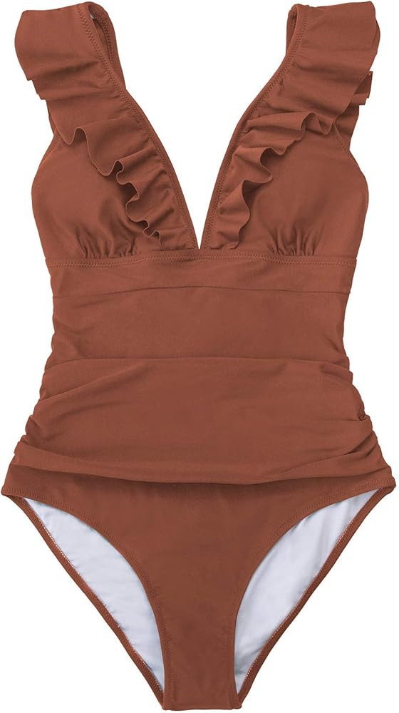 CUPSHE Women's V Neck One Piece Swimsuit Ruffled Lace Up Monokini | Amazon (US)