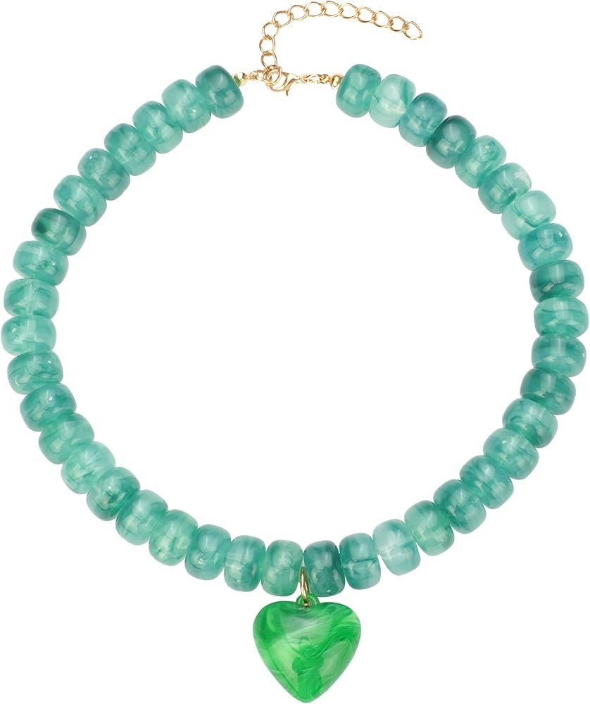 Chunky Colorful Beaded Statement Boho Summer Beach Chokers Necklace Heart Pendant Pink Green Yell... | Amazon (US)
