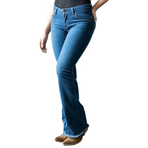 Kimes Ranch Women's Lola Raw Hem Mid Rise Flare Leg Blue Jeans, 12W/34L Blue | Amazon (US)