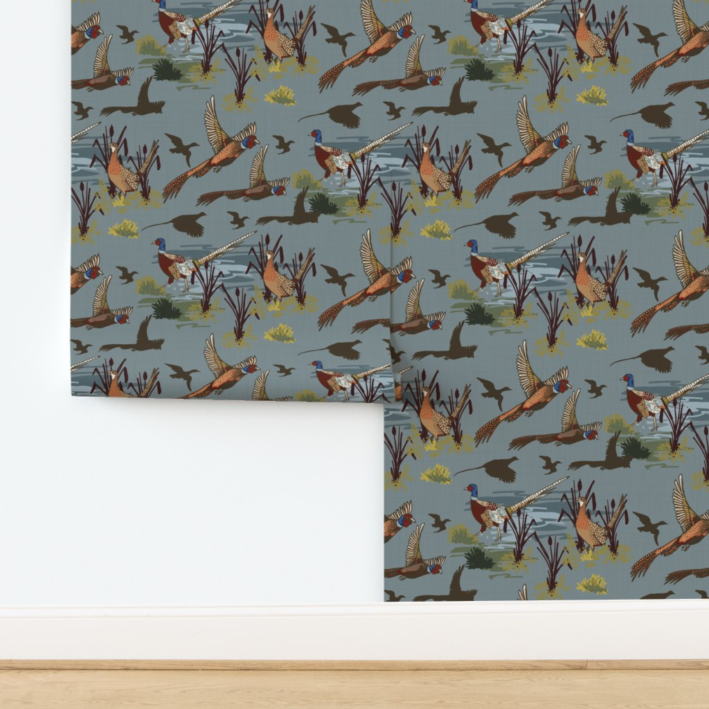 Countryside Pheasants and Hen in Wetlands Autumn on Denim Blue (M) Wallpaper | Spoonflower | Spoonflower