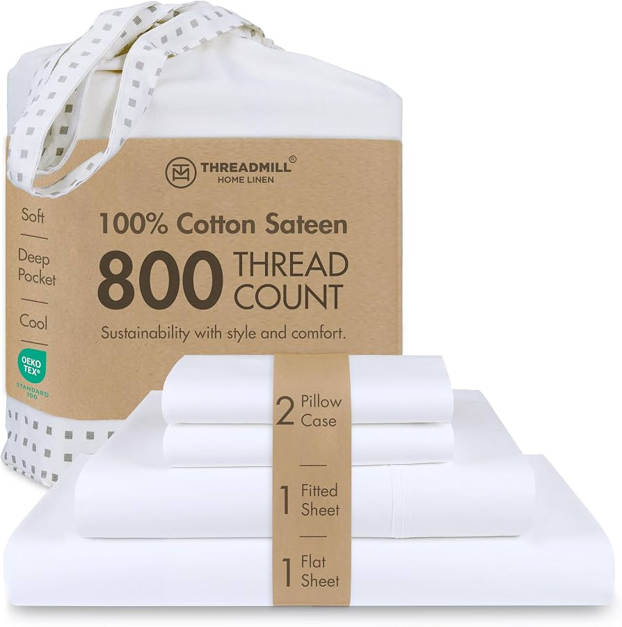 Threadmill Luxury 800 Thread Count King 100% Cotton Sheets - Hotel White Sateen Weave Bed-Sheets,... | Amazon (US)