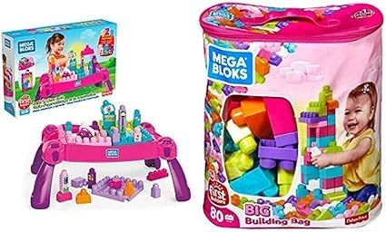 Mega Bloks Build 'n Learn Table, Pink + Mega Bloks First Builders Big Building Bag | Amazon (US)