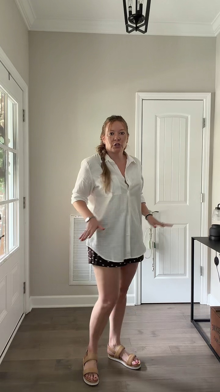 White button down / sized up to a large for an oversized fit 
Brown polka dot shorts / tts wearing a medium 
Platform leather sandals - super comfortable! - tts 
Black shoulder bag 
Silver bracelet and ring / two tone
Evil eye necklace

#LTKootd #LTKdayinmylife #LTKSaleAlert