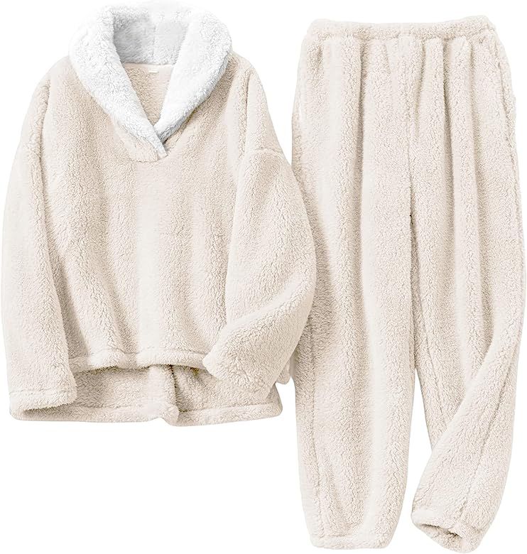 Hooever Women's Fluzzy Sherpa Fleece Pajamas Warm Pullover Lapel Sleepwear Sets | Amazon (US)