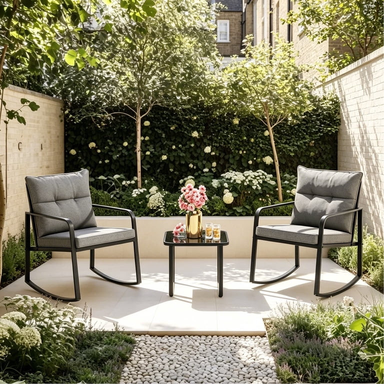 3-Piece Outdoor Furniture Set, Lofka Patio Bistro Table and Rocking Chairs for 2 with Cushions & ... | Walmart (US)