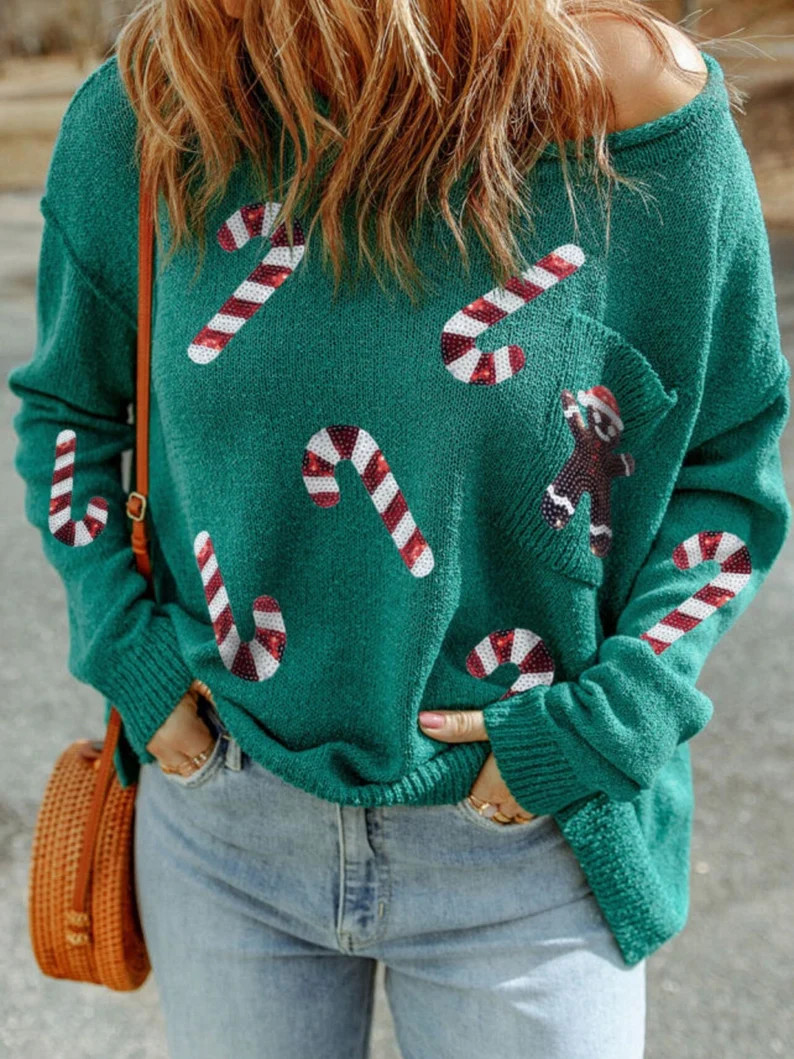 Sequin Candy Cane Sweater Trendy Christmas Sweatshirt - Etsy | Etsy (US)