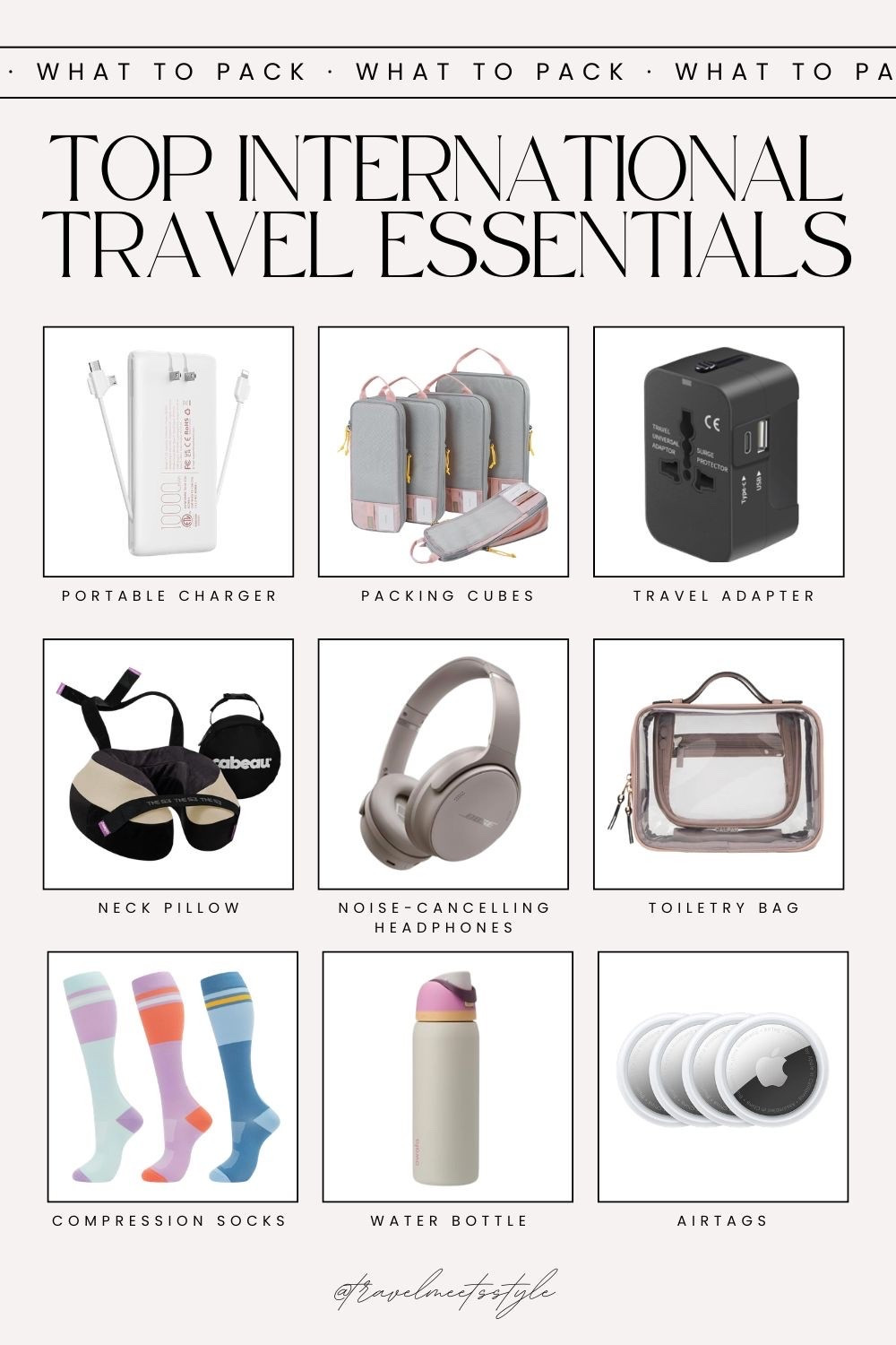 International travel essentials for your next trip abroad ✈️

Portable charger | packing cubes | travel adapter | travel neck pillow | noise-canceling headphones | toiletry bag | compression socks | refillable water bottle | AirTags

#LTKTravel