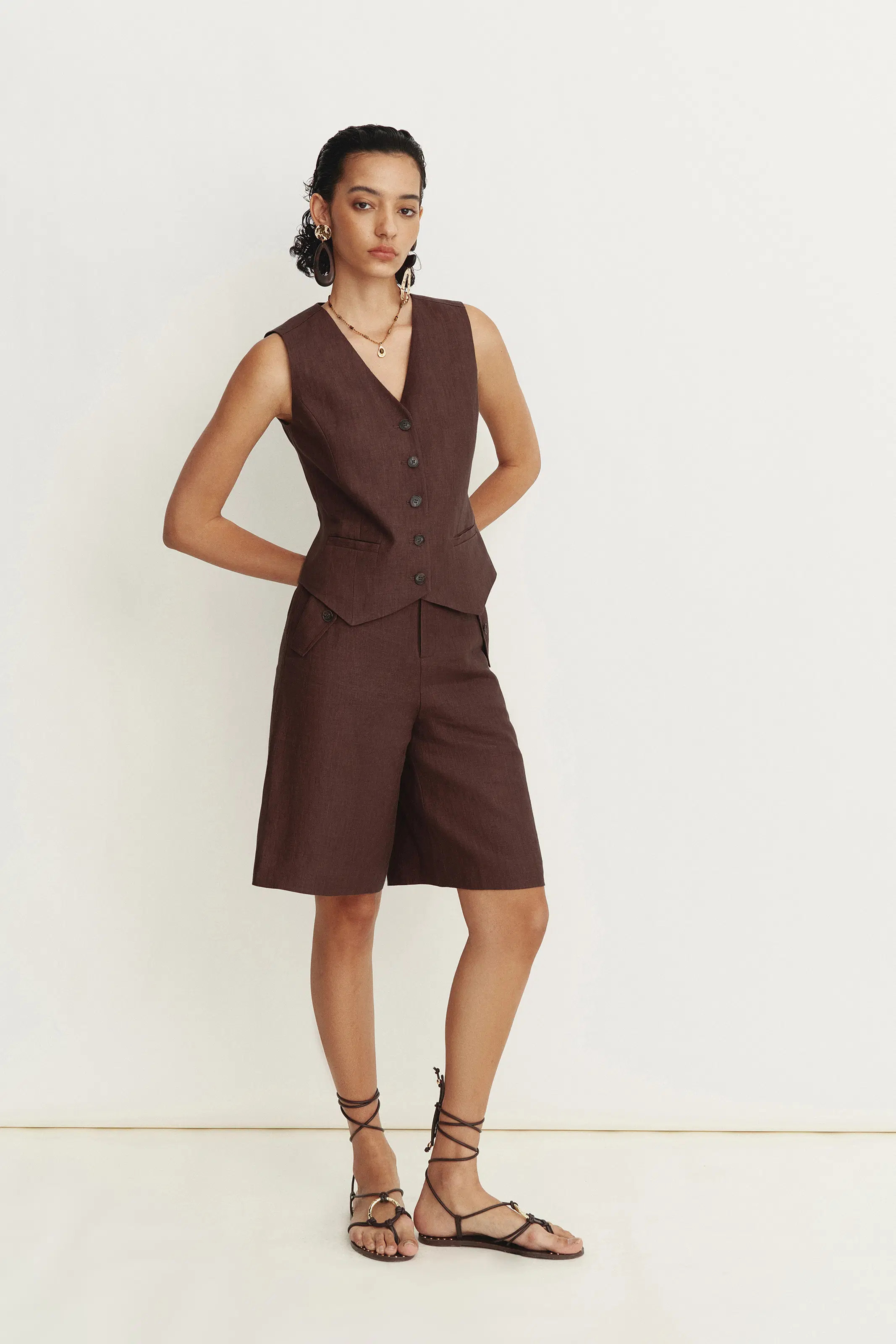 Evelyn Adjustable Belt Vest Top in Linen Herringbone | Fabrique