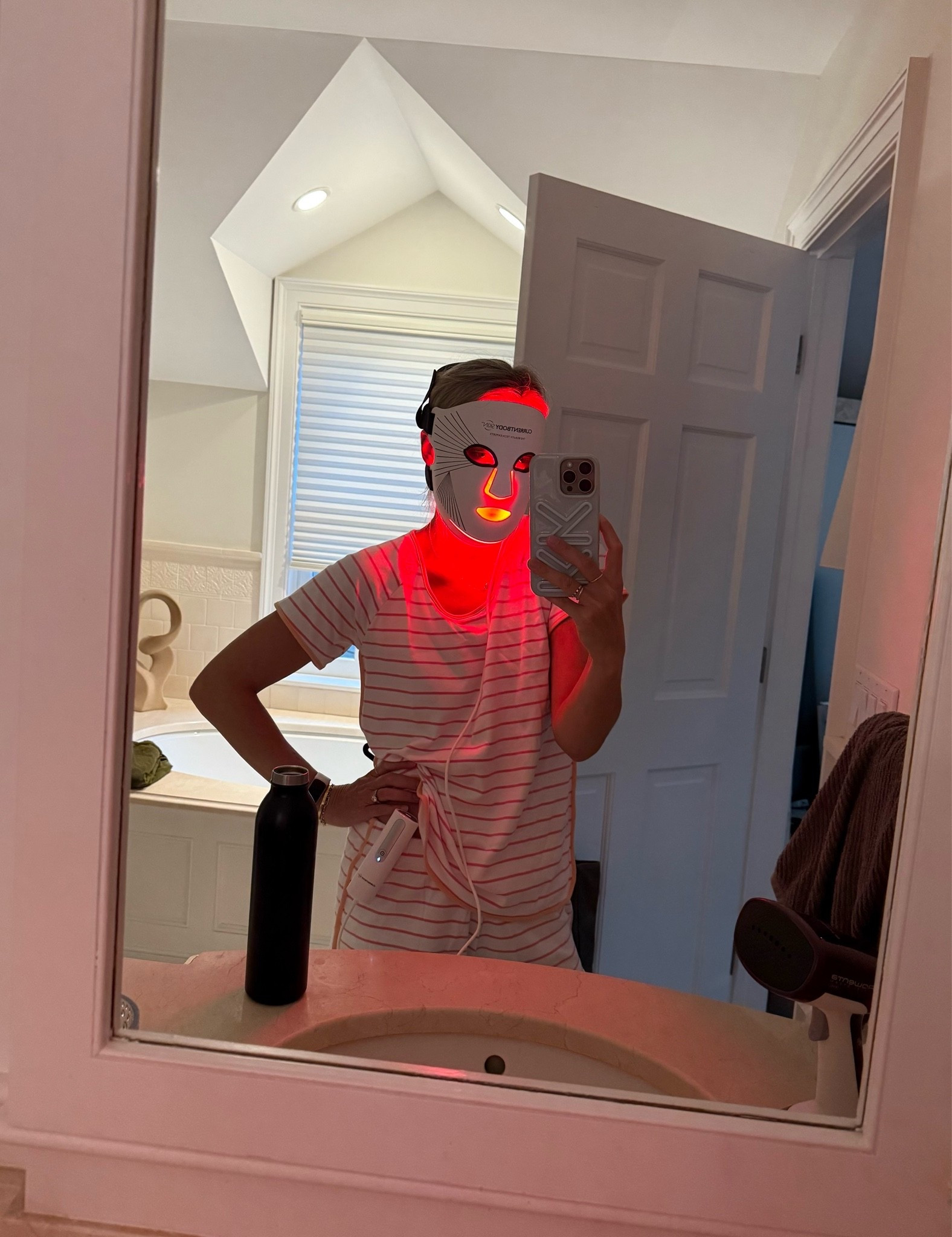 Trying to stay consistent with the red light mask! Code KENDALLKREMER works for 10% off their site. Sized up 1 to a medium in the pajamas. They shrink almost a full size in the dryer