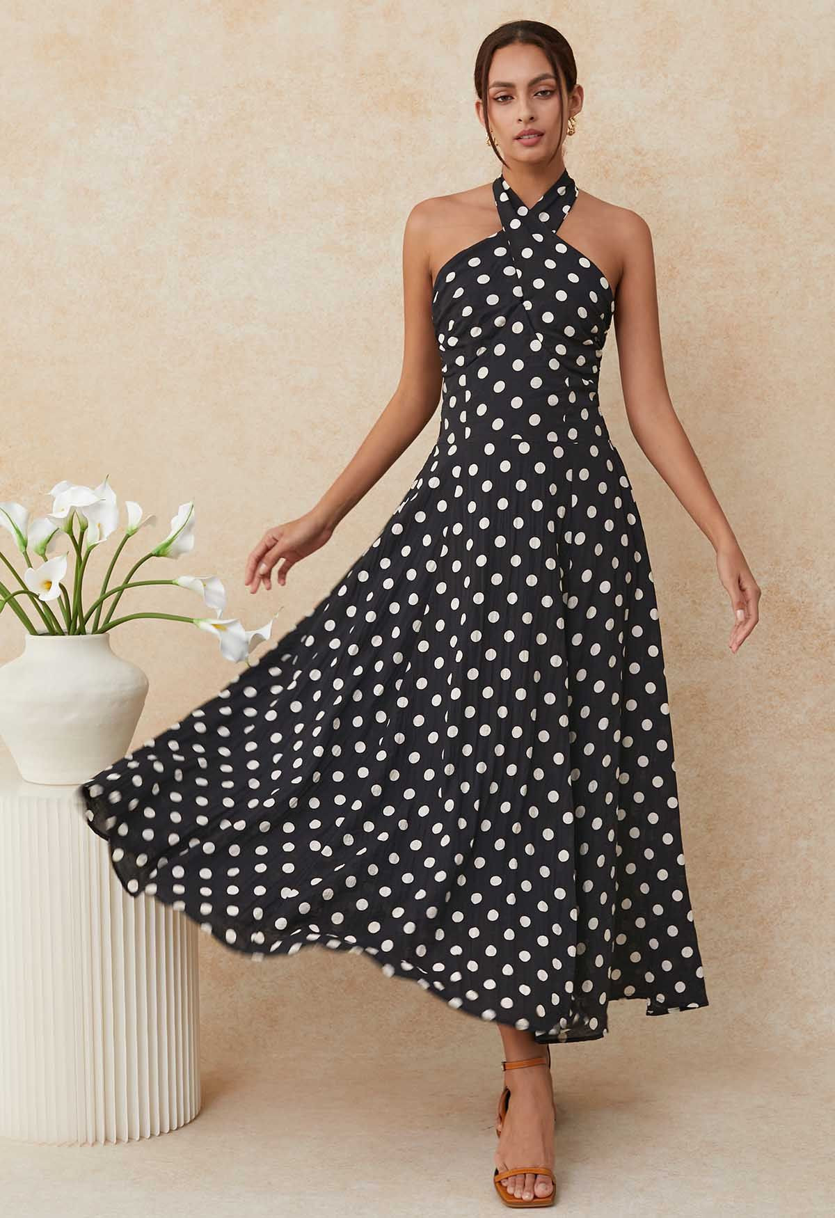 Crisscross Self-Tie Halter Neck Maxi Dress in Dots | Chicwish