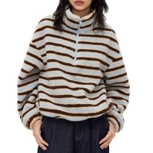 Mxiqqpltky Y2K Fleece Sweatshirt for Women Trendy Half Zip Long Sleeve Striped Sherpa Jacket Warm Oversized Fuzzy Pullover (Blue, M) | Amazon (US)