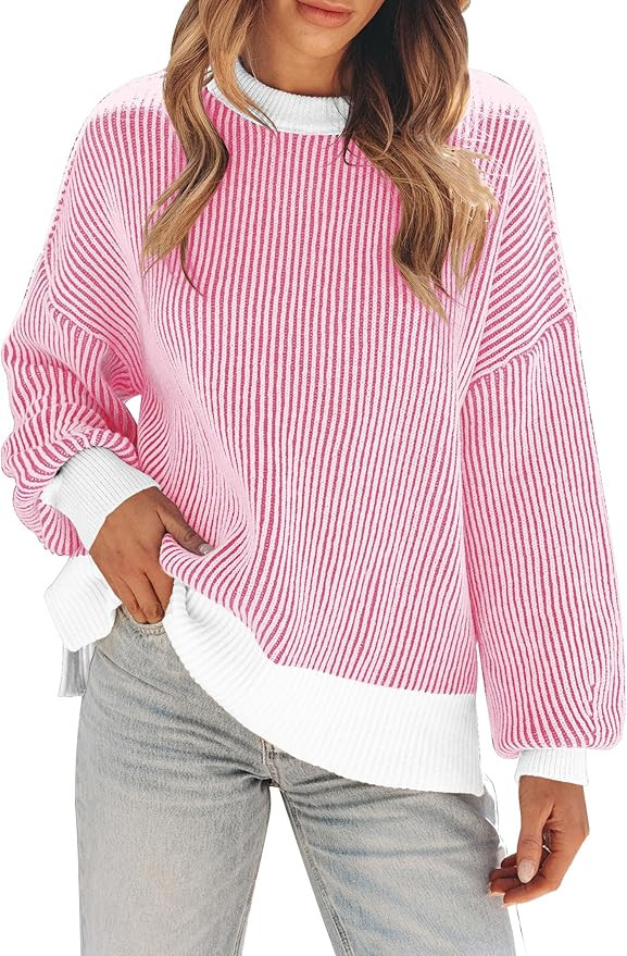 Womens Sweaters Fall 2025 Clothes Oversized Long Sleeve Colorblock Striped Knit Pullover Tops Cas... | Amazon (US)