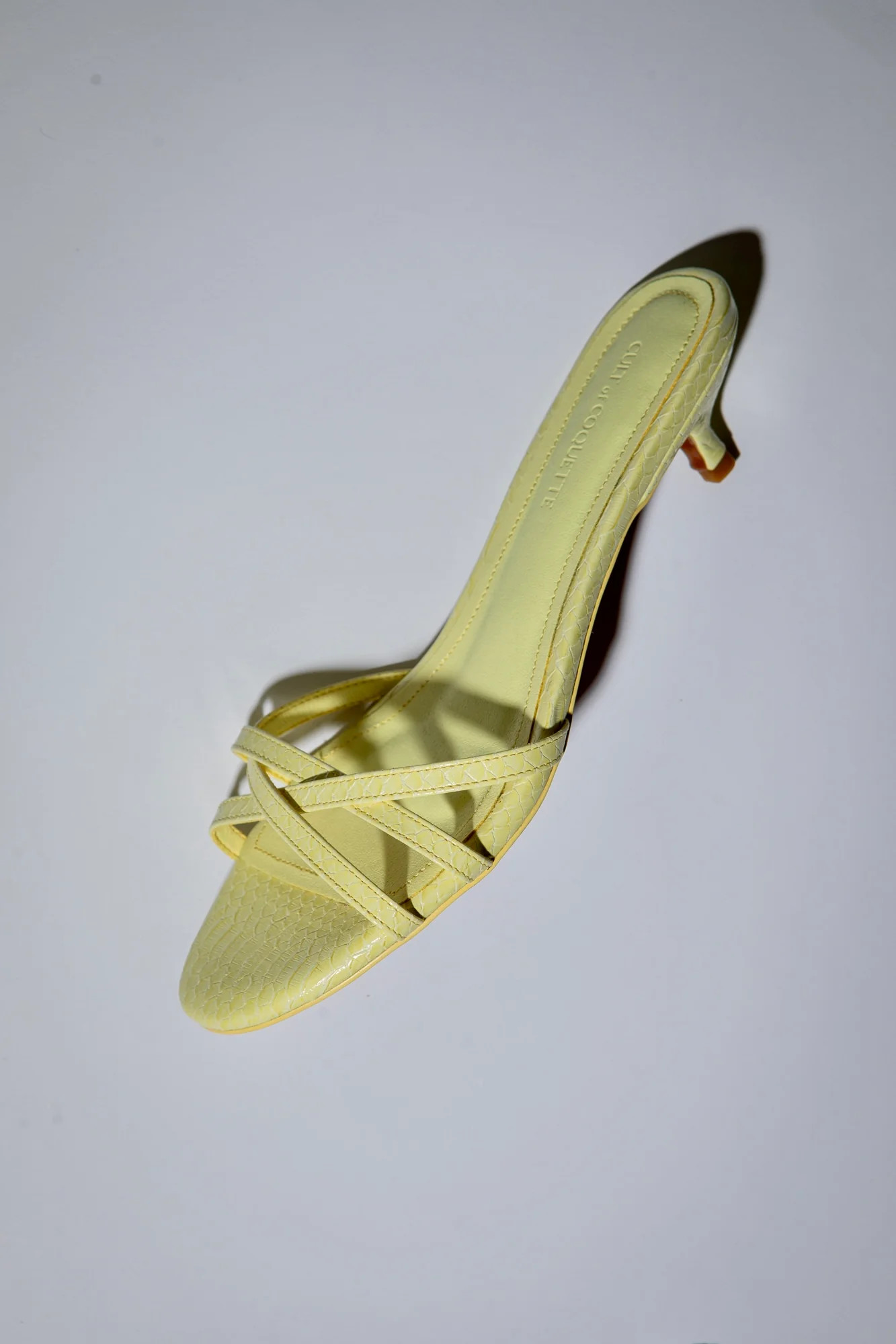 Romy Butter Yellow Reptile Strappy Kitten Mules 40 mm | CULT OF COQUETTE