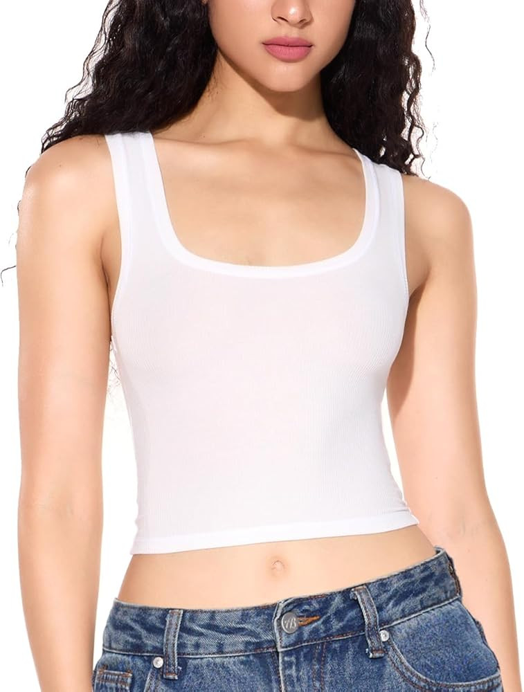 Women's Basic Sleeveless Crop Top Shirt Ribbed Scoop Neck Casual Summer Clothes | Amazon (US)