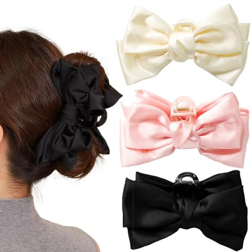 3 PCS Large Bow Hair Claw Clips Satin Bow Claw Clip for Women Girl with Long Thick Hair, 5.9 inch Elegant Bow Hair Ribbon Design for all types hair Big Hair Bow (Black+White+Pink) | Amazon (US)
