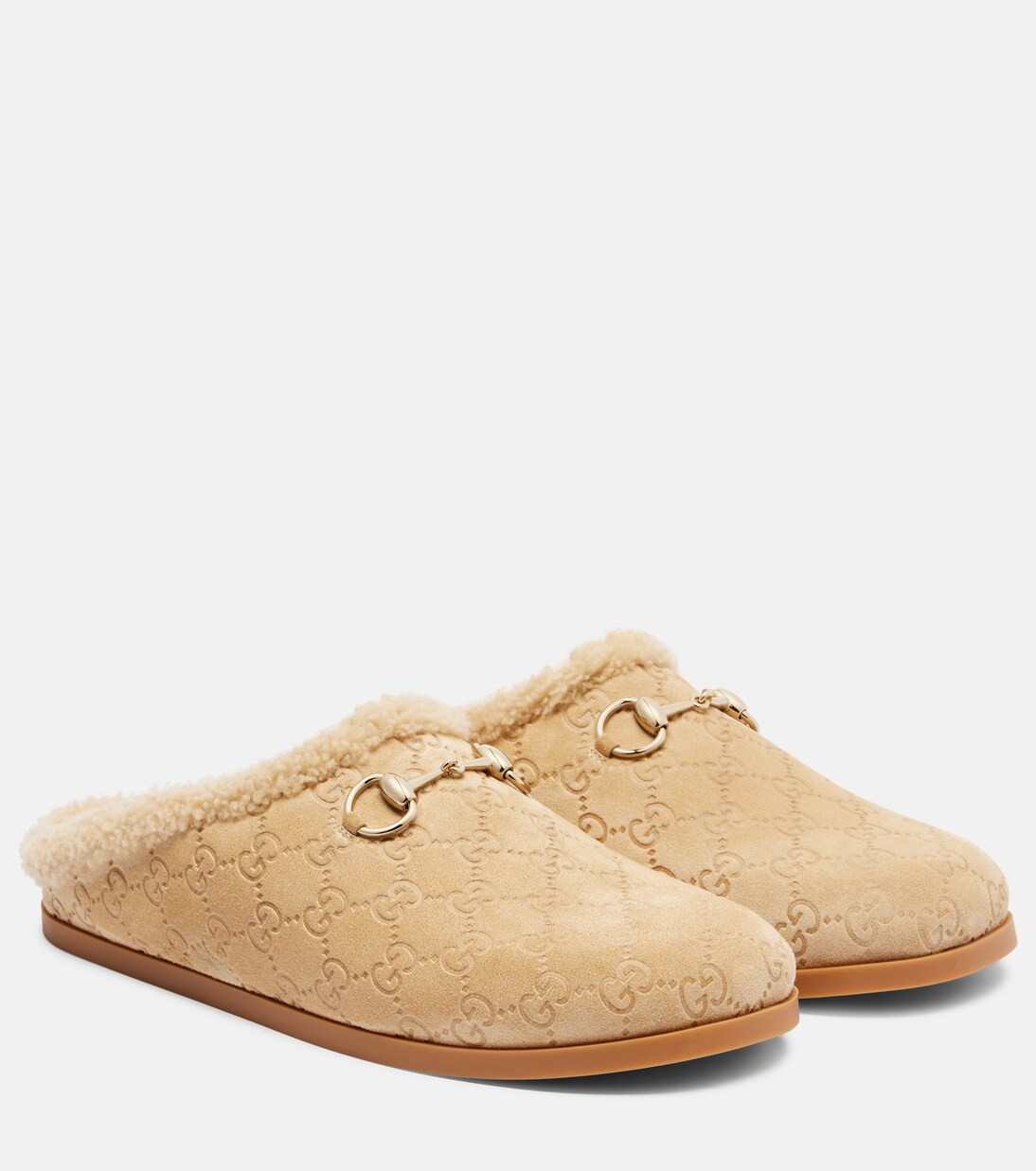 Horsebit GG shearling-trimmed suede mules | Mytheresa (US/CA)