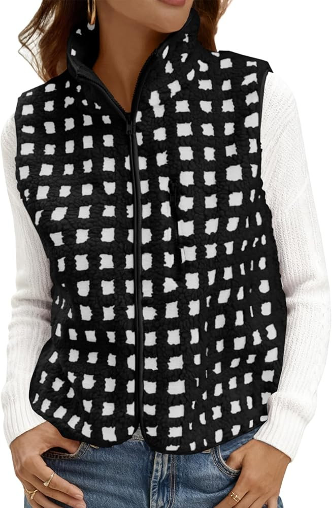 Tankaneo Womens Checkered Sherpa Vest Fleece Fuzzy Zip Up Sleeveless Jacket Casual 2025 Winter Wa... | Amazon (US)