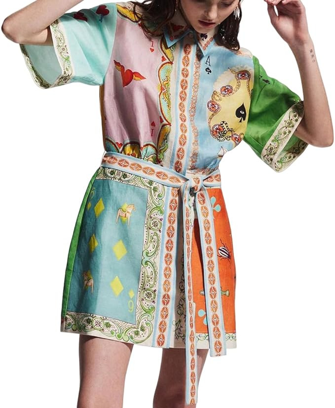 Womens Short Sleeve Vintage Dresses Printed Button Drawstring Shirt Dress Summer Casual Boho Part... | Amazon (US)