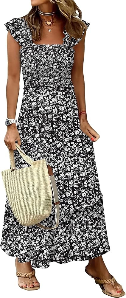 ANRABESS Womens Summer Sleeveless Maxi Dress Square Neck Smocked Boho Casual Ruffle Strap Flowy A... | Amazon (US)