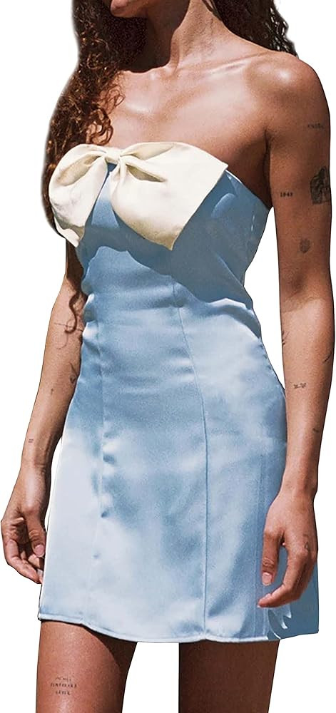 Cantonwalker Womens Satin Strapless Side Slit Stretch Bodycon Party Mini Dresses | Amazon (US)