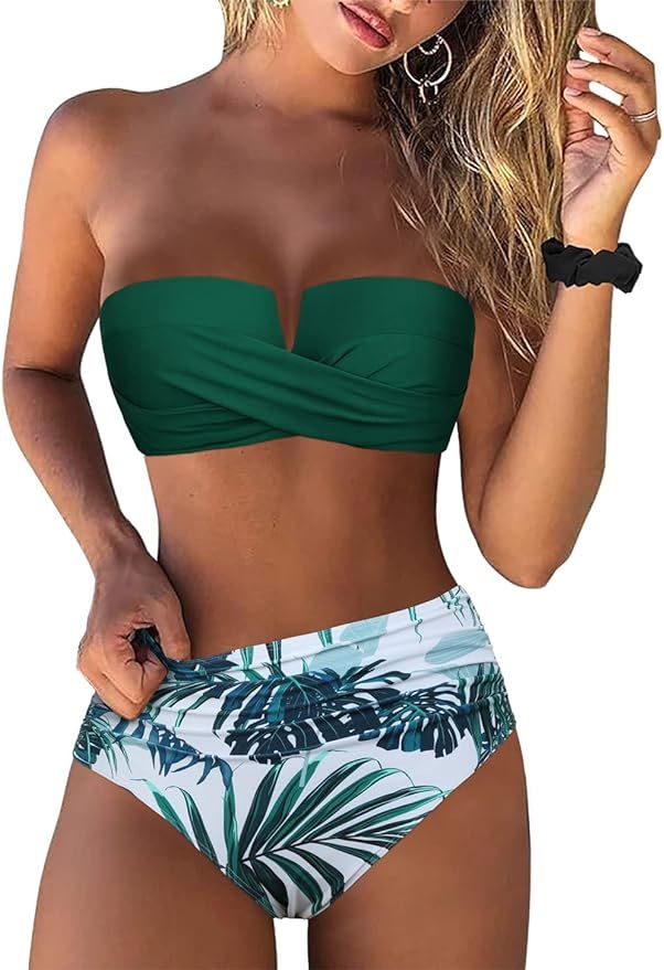 Hilor Bandeau Two Piece Bathing Suits for Women with Strap Retro High Waisted Swimsuits Sexy Push... | Amazon (US)