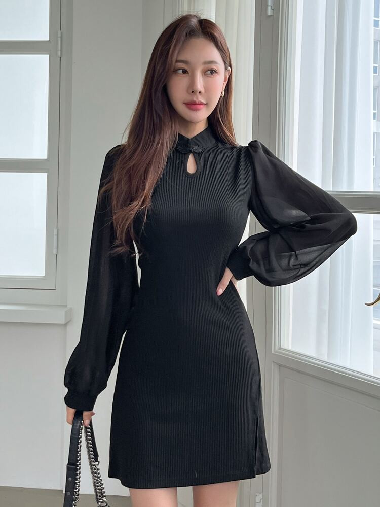 DAZY Frog Button Bishop Sleeve Dress | SHEIN