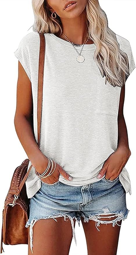 Womens Summer Tops Plain T Shirts Petal Sleeve Trendy Loose Fitting Casual Short Sleeve Tops | Amazon (US)