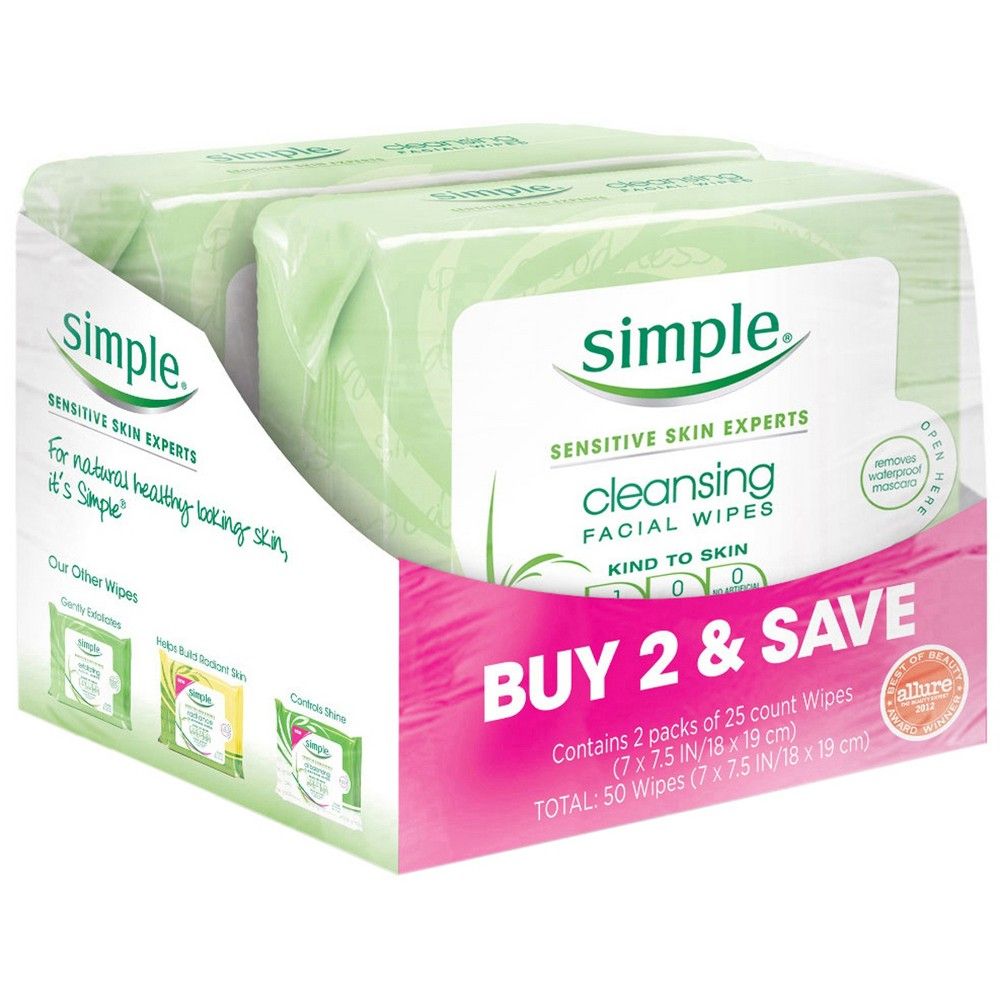 Simple Cleansing Facial Wipes Kind to Skin 25 ct, Twin Pack | Target