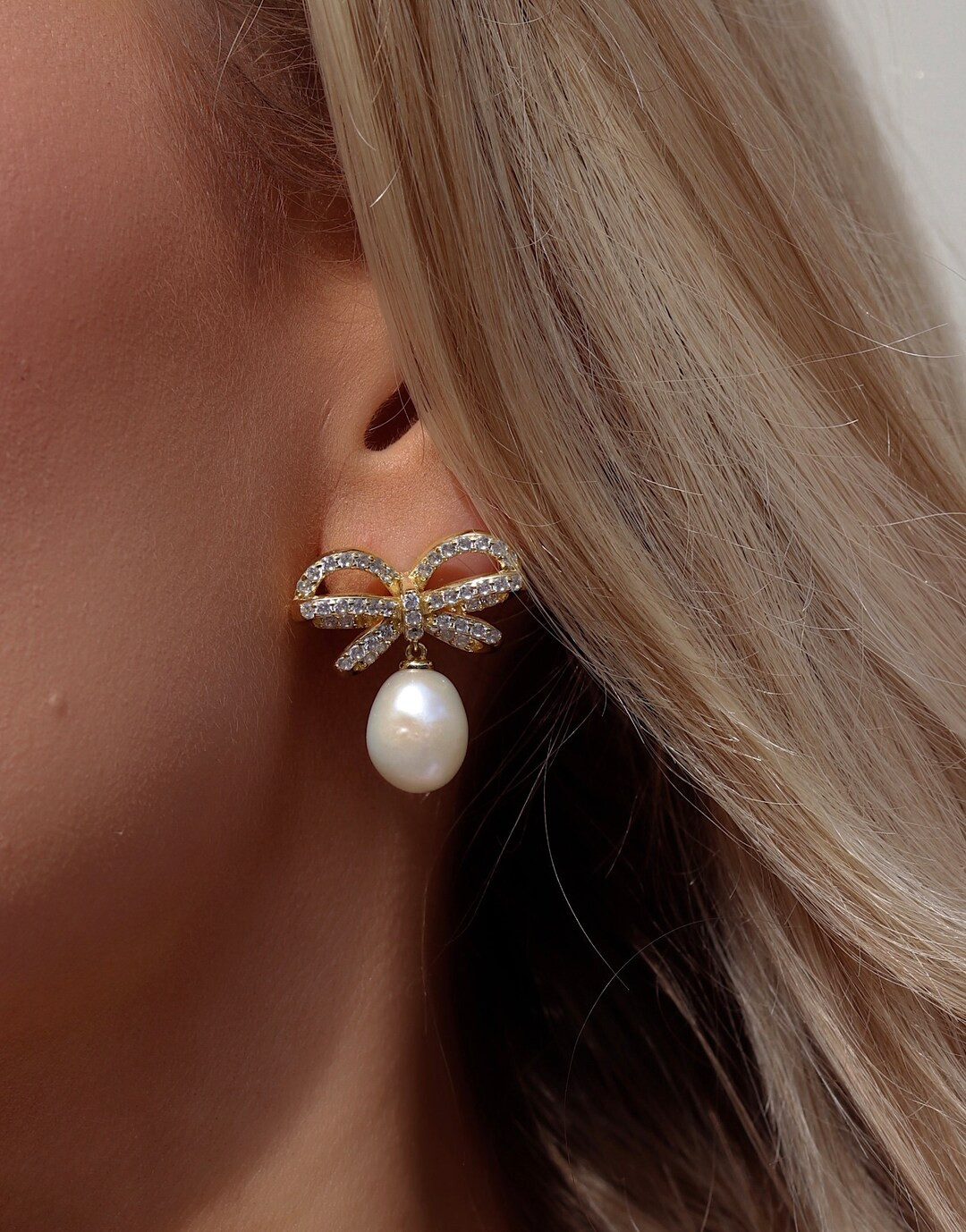 MEREDITH Freshwater Natural Pearl Drop Dangle CZ Bow 18K Gold - Etsy UK | Etsy (UK)