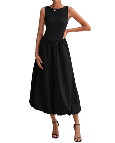 BTFBM Women's 2026 Summer Casual Sleeveless Midi Dress Patchwork Knit Tank Bubble Long Flowy Beach Maxi Sundress Pockets(Black, Small) | Amazon (US)