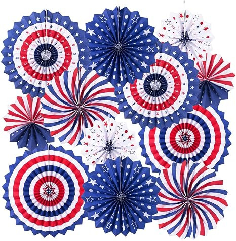 4th of July Patriotic Decorations Red White Blue Hanging Paper Fans for American Fourth of July M... | Amazon (US)