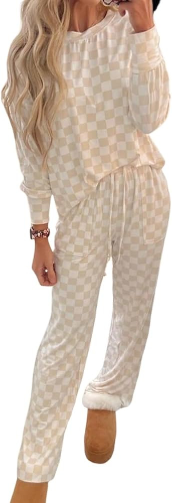 KevaMolly Womens Valentine's Day Pajama Sets Checkered Print Long Sleeve Lace-up Loose Fit Lounge... | Amazon (US)