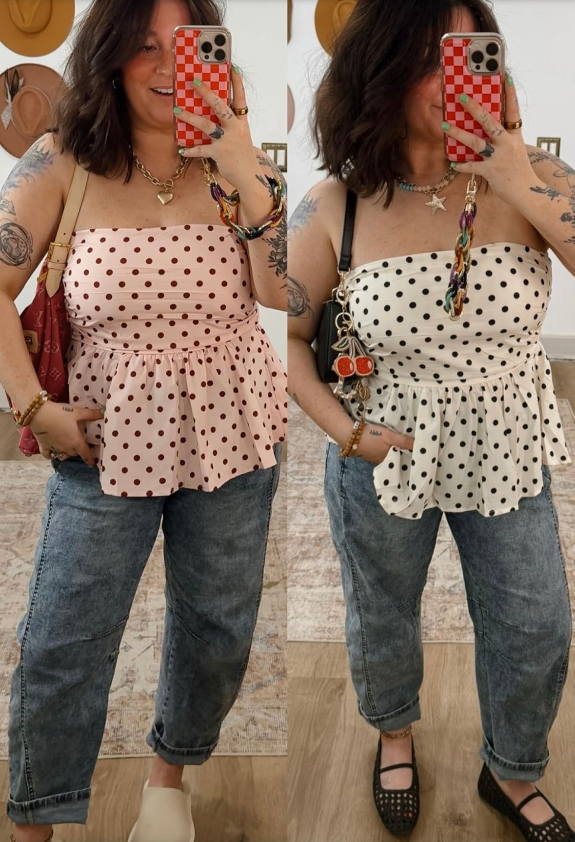 The cutest polka dot top for spring and summer!! Wearing large as 5’1 size 8/10 with large bust! Barrel jeans wearing medium!

#LTKSeasonal #LTKMidsize #LTKootd