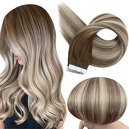 Full Shine Tape in Hair Extensions 18 Inch Color 3/8/22 Dark Brown Fading to Brown and Blonde Invisible Double Sided Tape Ins Human Hair Extensions 100g Natural Seamless Skin Weft 40PCS Add Volume | Amazon (US)